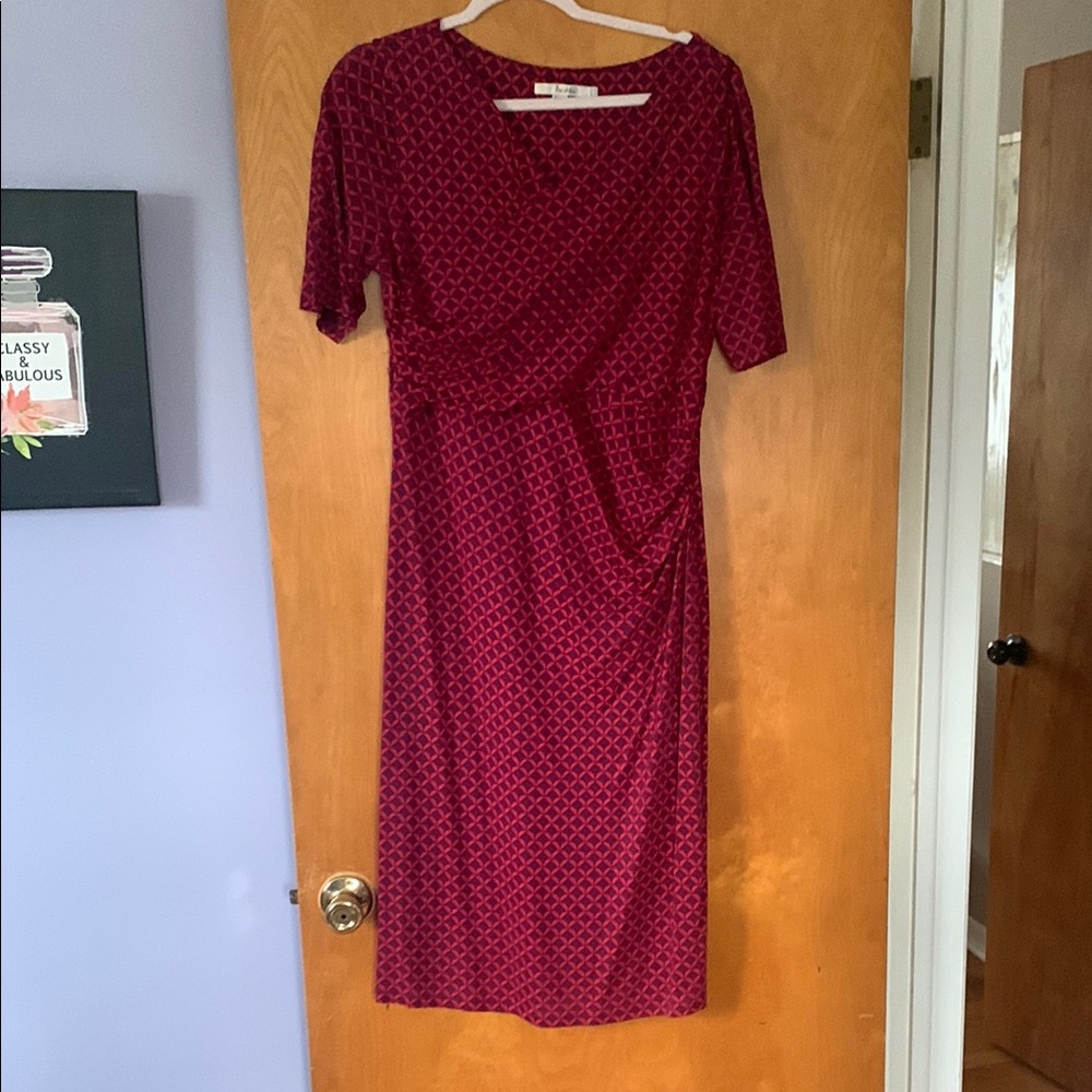 Boden dark pink Ruched Wrap Midi Dress V-neck 3/4 Sleeve size 12